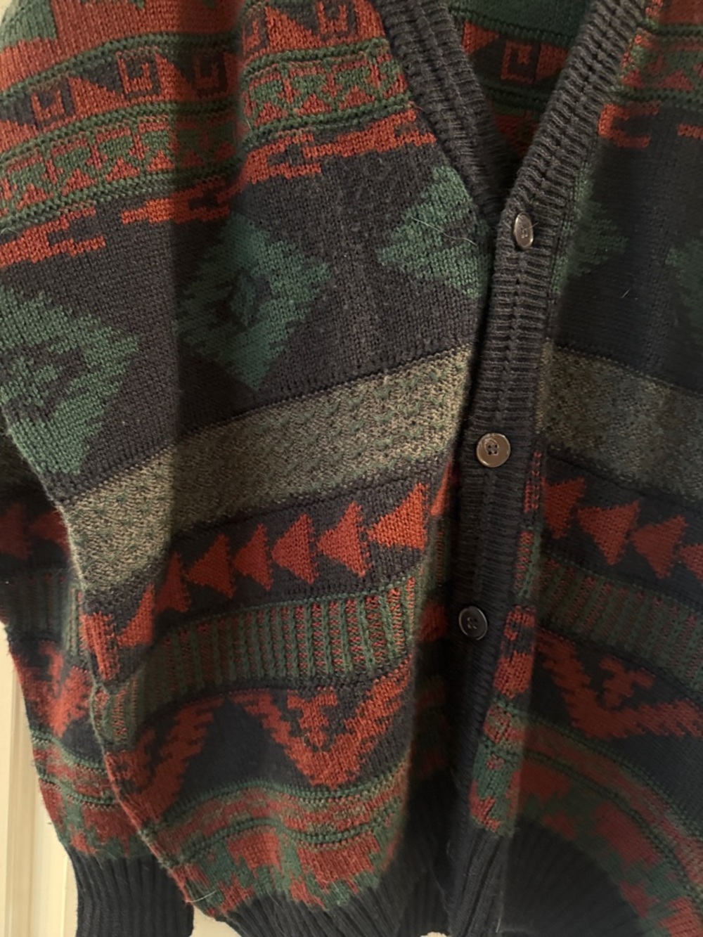 Button-Front Geometric Cardigan Sweater - Navy/Forest Green/Rust - Picture 4 of 8